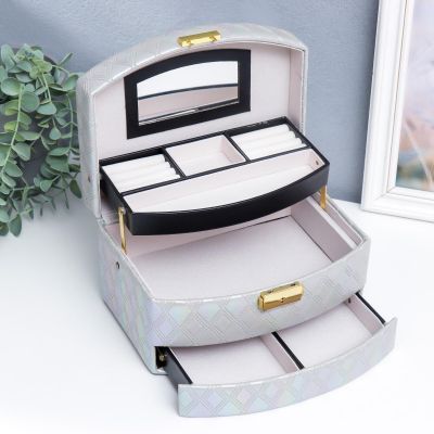 Шкатулка для украшений кожзам "Серебро, ромбы" трёхъярусная (13 х 16 х 23 см) 