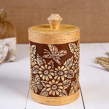 Туес "Бабочки в цветах", круглый, 9х9х15 см, береста