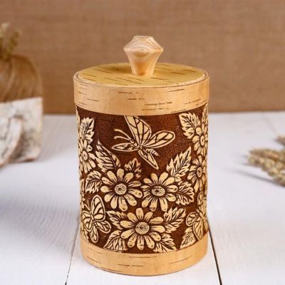 Туес "Бабочки в цветах", круглый, 9х9х15 см, береста