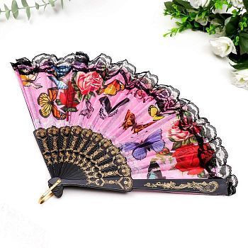 Веер пластик, текстиль "Бабочки и цветы на леопарде с кружевом" МИКС 23 см