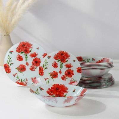 Набор тарелок Доляна «Красные маки», 19 предметов: салатник, 6 десертных тарелок, 6 обеденных тарелок, 6 мисок