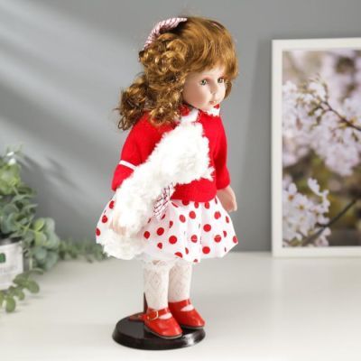 Кукла коллекционная керамика "Малышка Аля в красном свитере и юбке в горох, с мишкой"30,5 см