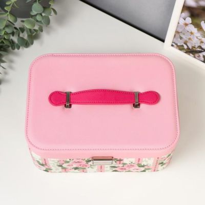 Шкатулка кожзам для украшений "Полоски и розы" розовая 10,5х25х18,5 см