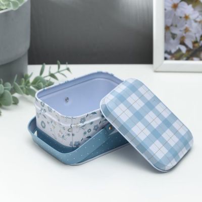 Шкатулка металл с ручкой "Голубая клетка и цветочки" 6,5х10,5х8 см