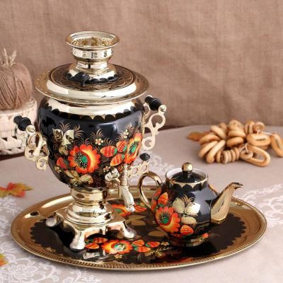 Набор «Маки», жёлудь, 3 предмета, самовар 3 л, заварочный чайник 0,7 л, поднос