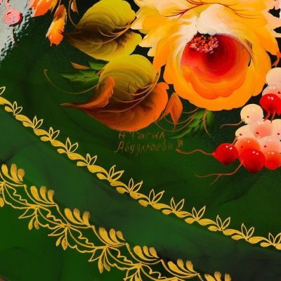 Поднос «Цветы»,  зелёный фон, 46х35 см, ручная роспись