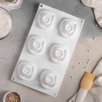 Форма для муссовых десертов и выпечки Доляна «Розы», 30×17,5×5 см, 6 ячеек, 6,5×6,8 см, цвет белый