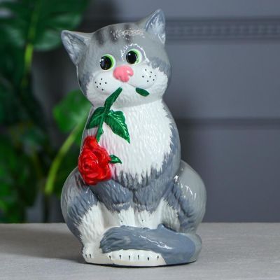 Копилка "Кот с розой", покрытие лак, серая, 28 см, микс