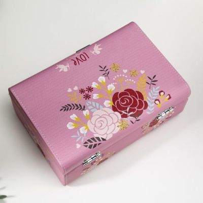 Шкатулка кожзам для украшений чемодан "Нарисованные цветы" 9,5х24х16,5 см