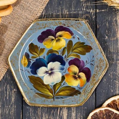 Поднос жостовский "Анютины глазки", угловой, D=15 см