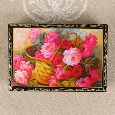 Шкатулка «Розовые цветы в корзинке», 11×16 см, лаковая миниатюра