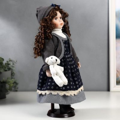 Кукла коллекционная керамика "Настя в синем платье и сарафане в кружочек" 40 см