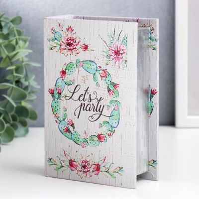 Шкатулка-книга дерево кожзам "Кактусы, суккуленты и цветы" 16х11х4,5 см