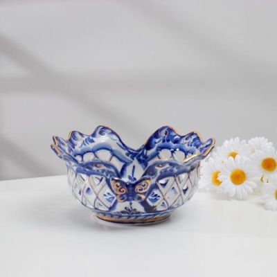 Конфетница "Ажурная", золото, гжель