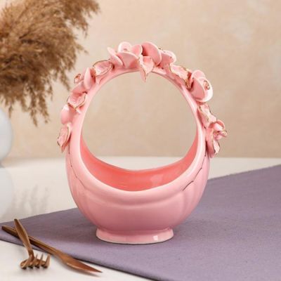 Конфетница "Корзина", розовая, лепка, золотистая роспись, 22 см, микс
