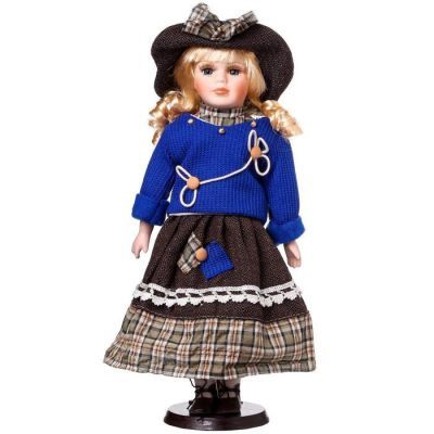 Кукла коллекционная керамика "Блондинка с кудрями, синий свитер с цветком" 40 см