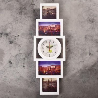Часы настенные, серия: Фото, "Пирамида", 4 фоторамки, 10х10, 10х15, белые, 20х60 см, микс