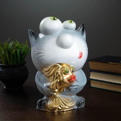 Копилка "Кот с рыбкой" 25,5см серый