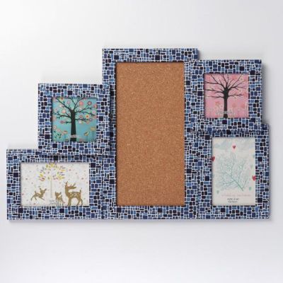 Фоторамка пластик на 4 фото 10х10, 10х15 см доска для записок"Сине-чёрные кирпичи" 34х52см