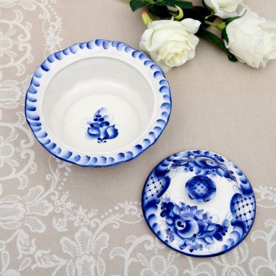 Салатник «Цветок», с крышкой, 18×18×14,5 см, гжель