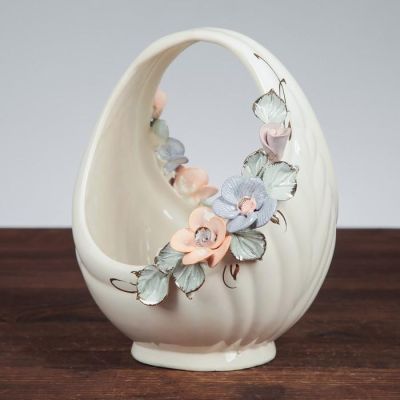 Конфетница "Корзина", белая, цветная лепка, птички, 22 см, микс