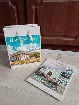 Пакет картонный ламинированный "Достопримечательности Новосибирска" (молочный), 18 х 23 см