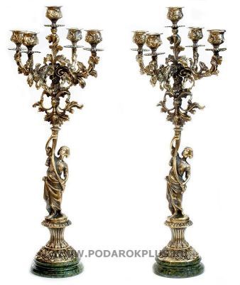 Канделябр "Диана" литье из бронзы камень змеевик (пара) №15