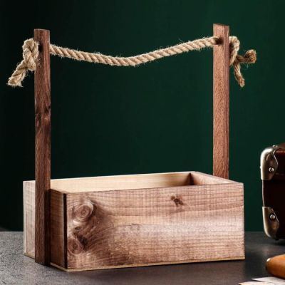 Кашпо деревянное "23 февраля" 24,5х17х9 (30) см ручка канат, коричневый