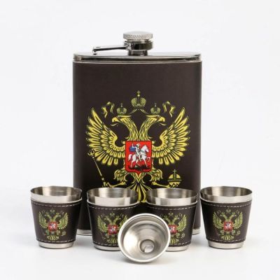 Подарочный набор "Россия" 6 в 1: фляжка 270 мл, воронка, 4 рюмки, чёрный, 17х23 см