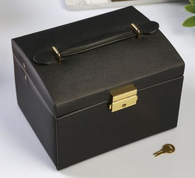 Шкатулка 3-хъярусная для украшений №700 "Черная матовая" (кожзам) 12,5 х 17.5 х 14 см