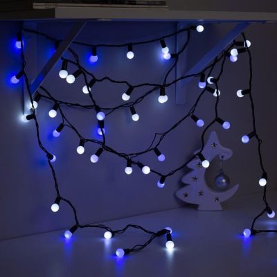 Гирлянда «Нить» 10 м с насадками «Шарики 1.5 см», IP44, тёмная нить, 100 LED, свечение бело-синее, мигание, 220 В