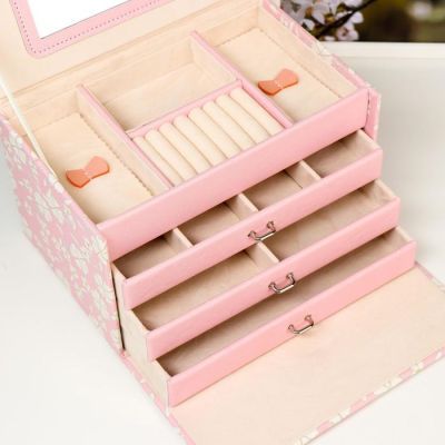 Шкатулка кожзам для украшений "Белые цветы" розово-голубая 13,5х23х15,5 см