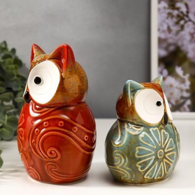 Сувенир керамика "Филины с цветочками на пузе" набор 2 шт 11,5х11х7 16,6х10,3х7 см