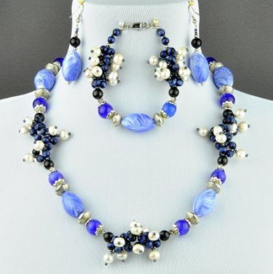 Комплект  Кошачий глаз, Жемчуг, Хрусталь "Синий туман" арт.ВАС-803