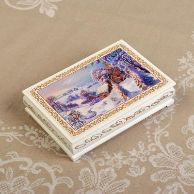 Шкатулка «Зимняя деревня», белая, 11×16 см, лаковая миниатюра