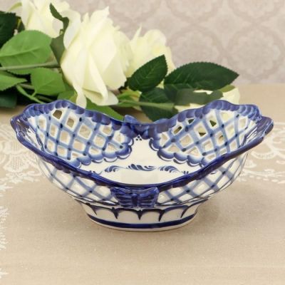 Конфетница «Ажурная», резная, 10×21×8 см, гжель