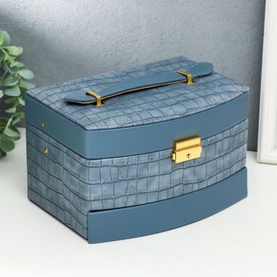 Шкатулка кожзам для украшений "Серо-синяя" 3-хъярусная (13 х 15 х 22 см)