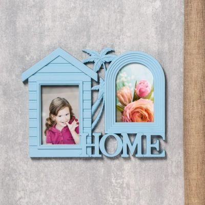 Фоторамка пластик на 2 фото 10х15 см "Дом и пальма" голубая 26,5х34 см