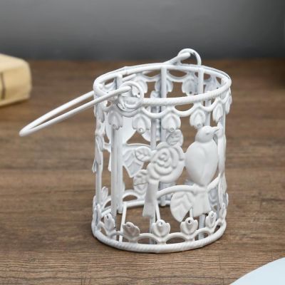 Подсвечник металл 1 свеча "Птицы на ветке в цветах" белый 8х7х7 см