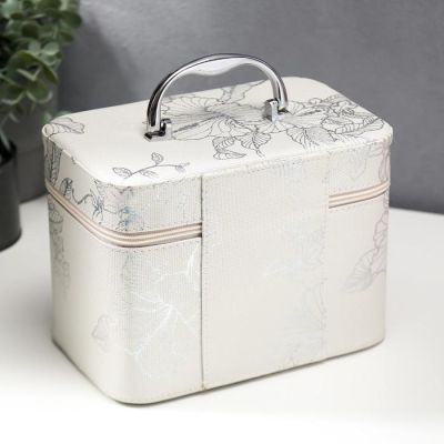 Шкатулка кожзам для косметики "Цветы серебро" н-р 3 шт 10,5х10,5х18,5 14х13х21 16,5х23х15 см   51444