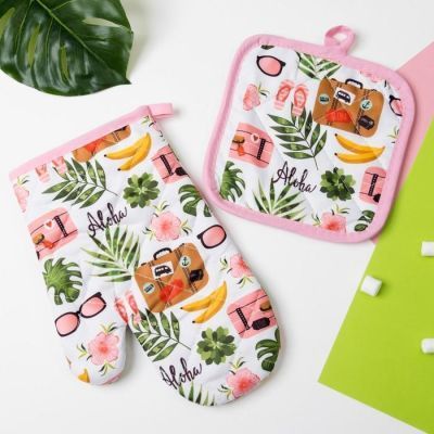 Кухонный набор Доляна Aloha цв.розовый,прихватка 16*16 см, рукавица 25*16 см,100% п/э