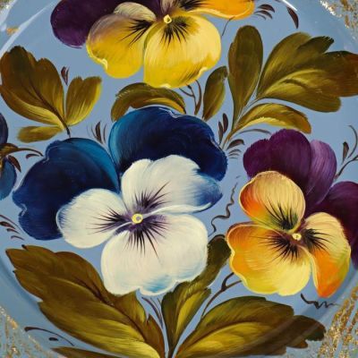 Поднос жостовский "Анютины глазки", угловой, D=15 см