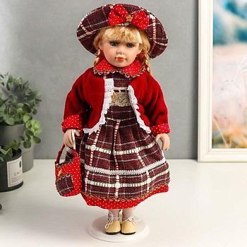 Кукла коллекционная керамика "Инга в красном, платье в горох и клетку"" 40 см