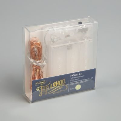 Гирлянда «Нить» 5 м роса, IP20, медная нить, 50 LED, свечение тёплое белое, мерцание, AAх3