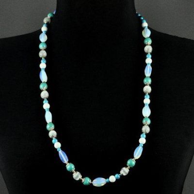 Бусы Кахолонг, Лунный камень, прес.Бирюза "Лунный вальс" арт.ВАН-414