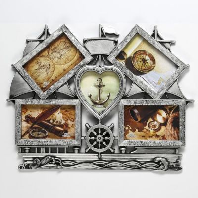 Фоторамка пластик на 5 фото 10х15, 12х12 см "Корабль" тёмное серебро 38х48 см