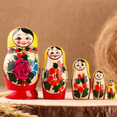 Матрёшка «Семёновская», желтый платок, 5 кукольная, 10 см, ручная работа