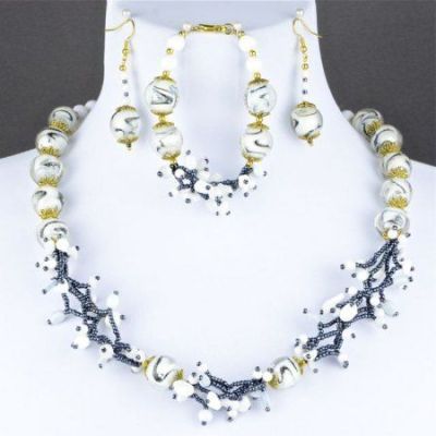 Комплект Муранское стекло, перламутр, кахолонг, бисер "Этни" арт. ДЕВ-1456