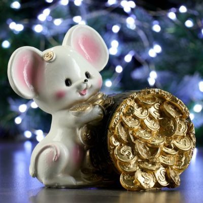 Копилка "Мышка с бочкой" белая 14х19см