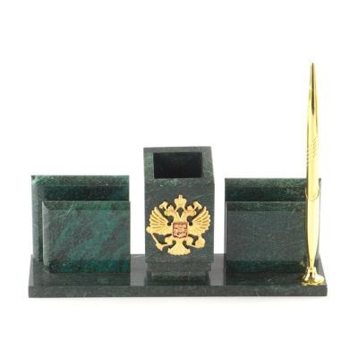 Настольный письменный набор с ручкой "Герб России" (из камня змеевика) №19 (26 х 8 х 10 м)
